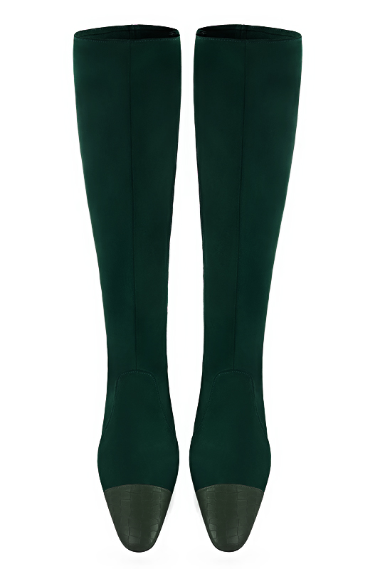 Forest green women's feminine knee-high boots. Round toe. High block heels. Made to measure. Top view - Florence KOOIJMAN